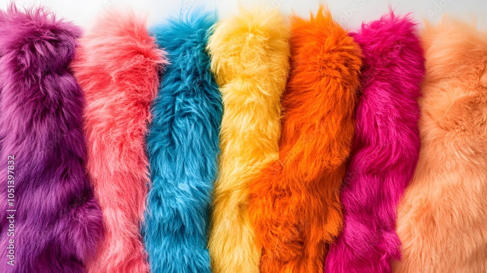 32. Various faux fur samples in bright colors displayed artistically on white 32. Various faux fur samples in bright colors displayed artistically on white