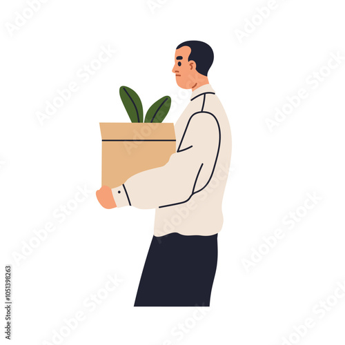 Man with cardboard box leaving office. Fired employee carrying packing with personal belongings, quitting after dismissal, layoff, job loss. Flat vector illustration isolated on white background