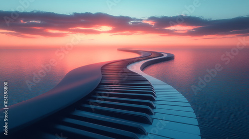 surreal landscape features piano keyboard transforming into winding road over tranquil sea at sunset, evoking sense of wonder and creativity