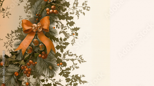 Vintage Victorian style Christmas background with red bow,pine branches,berries and holiday decor.Classic old Victorian card for holiday designs and invitations. photo