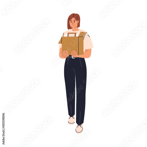 Fired employee leaving with cardboard. Dismissed office worker carrying box with belongings, quitting job after dismissal, downsizing, layoff. Flat vector illustration isolated on white background