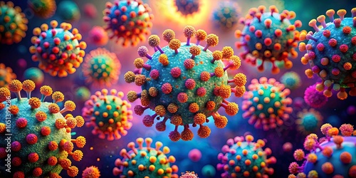 A vibrant and intricate tapestry of microscopic spheres, each adorned with a multitude of spiky protrusions, showcasing the complex structure of a virus in a microscopic world.