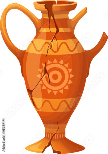 Ancient antique broken vase or pot and ceramic museum jug, vector cartoon jar. Ancient Greek or Roman vase with cracks and broken handle, archeology ceramic pitcher or jug with antique ornament