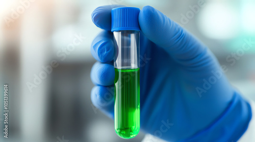 Close-up of a hand in a blue glove holding a test tube with green solution, bright laboratory lighting, blurred sterile background, scientific analysis and precision, clean