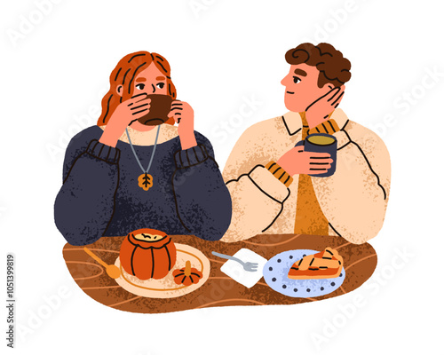 Love couple at cafe table, drinking warming coffee and tea. Happy man and woman enjoying autumn seasonal bakery, fall desserts, cozy time. Flat graphic vector illustration isolated on white background