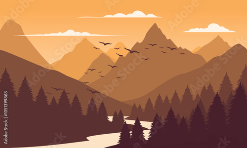 Vector orange mountain landscape with clean sky, calm river, birds flying and pine trees silhouettes