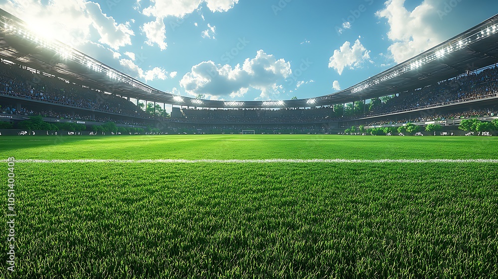 Vibrant soccer stadium under a bright sky a scenic view of an open football field ready for action Vibrant soccer stadium under a bright sky a scenic view of an open football field ready for action