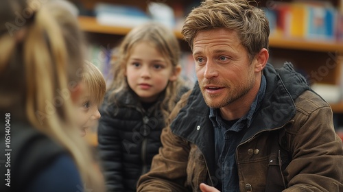 A Man Talking to Children in a Library Setting