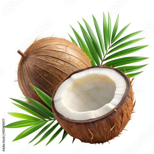 Fresh sweet coconut with half and leaves isolated on a transparent background