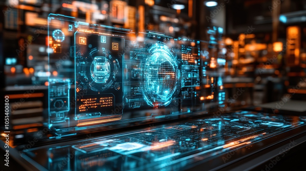 Futuristic holographic interface in a tech environment. Futuristic holographic interface in a tech environment.
