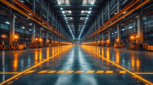 Spacious industrial warehouse with illuminated floor and machinery.