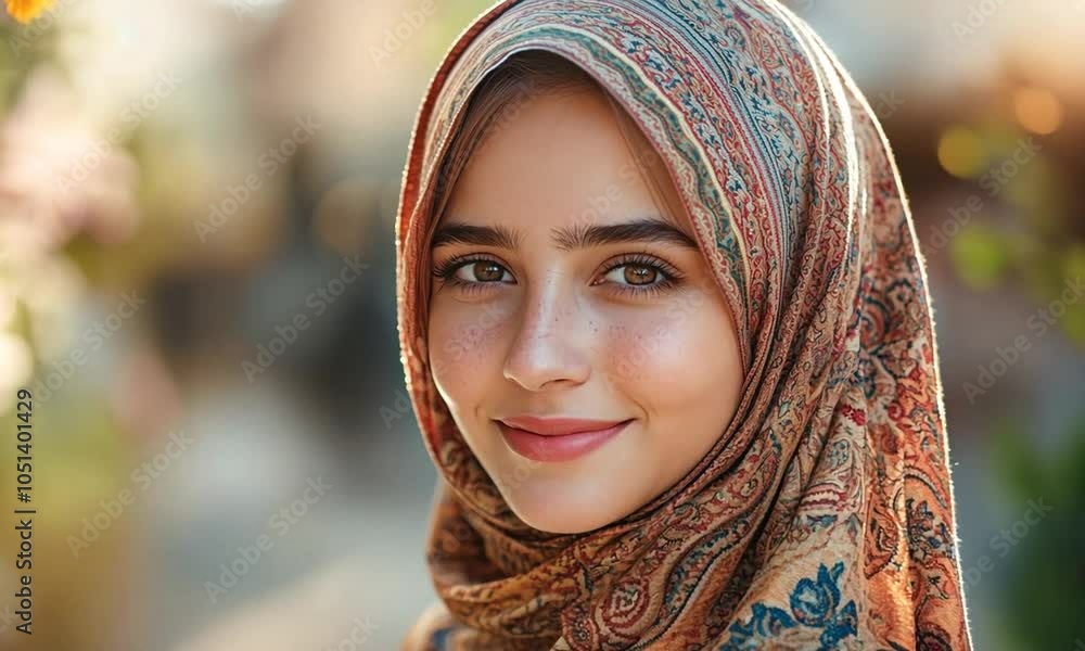 Young woman in a patterned hijab smiling outdoors. Young woman in a patterned hijab smiling outdoors.