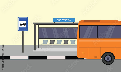 Vector illustration of bus station scene in cartoon flat style. Bus stop design with chair space. Modern public transportation system in urban view. Icon for infographic, logo, digital resources.