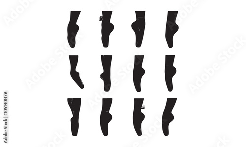 A set of black silhouette illustrations depicting various ballet foot positions and movements, showcasing elegance and precision. Ideal for dance-related designs, instructional materials, and creative