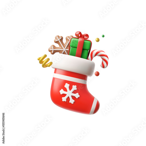 Vector 3d illustration of a Christmas sock with gifts inside.