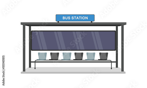Vector illustration of bus station scene in cartoon flat style. Bus stop design with chair space. Modern public transportation system in urban view. Icon for infographic, logo, digital resources.