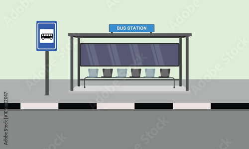 Vector illustration of bus station scene in cartoon flat style. Bus stop design with chair space. Modern public transportation system in urban view. Icon for infographic, logo, digital resources.
