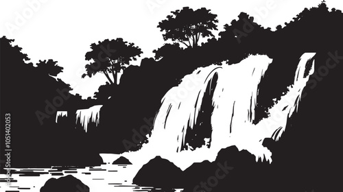 A waterfall cascading down rocks. silhouette illustration