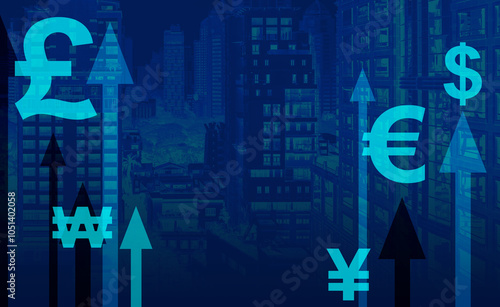 Various currency symbols and growth arrow overlay on blue background. Business finance technology and investment concept on skyscraper city at the night time background.