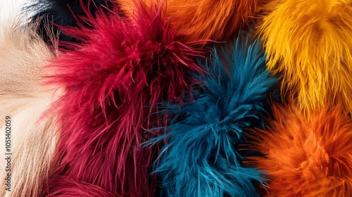 92. A detailed view of colorful marabou feathers and furs arranged on white
