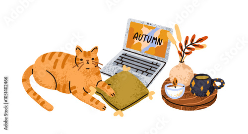Autumn leisure at home with laptop computer, cute cat, cozy cushion, tea cup, candle, leaf decoration in vase. Fall season mood, hygge time. Flat vector illustration isolated on white background