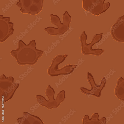 Dinosaur footprint seamless pattern. Cartoon vector background with ancient dino reptile animal paw prints impression on ground. Jurassic era archaeological and paleontology fossils of prehistoric era