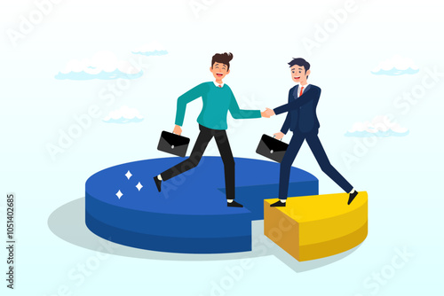 Businessman handshaking on pie chart to share profit together, shareholder or stakeholders, sharing benefit or merger and acquisition, partnership or collaboration, marketshare or agreement concept