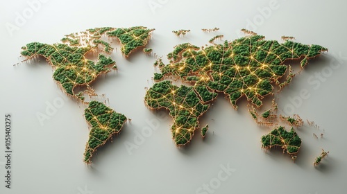 A green world map with glowing connections, symbolizing global connectivity and sustainability.