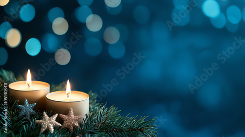 Candle trio surrounded by pine needles and star ornaments, warm flickering glow against a deep blue background with floating bokeh, romantic and magical mood, side angle close-up