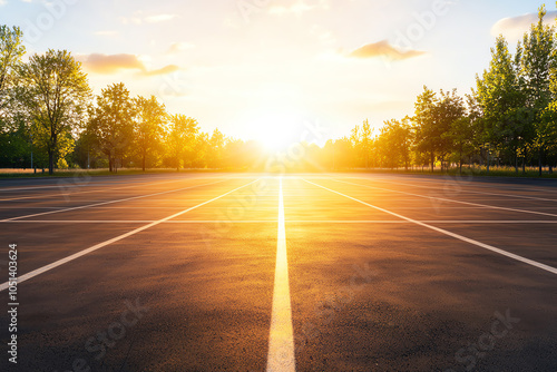 Golden hour scene of an empty parking lot, sunlight streaming along the painted lines, tree-lined edges framing the view, wide shot capturing warm tones and soft reflections photo