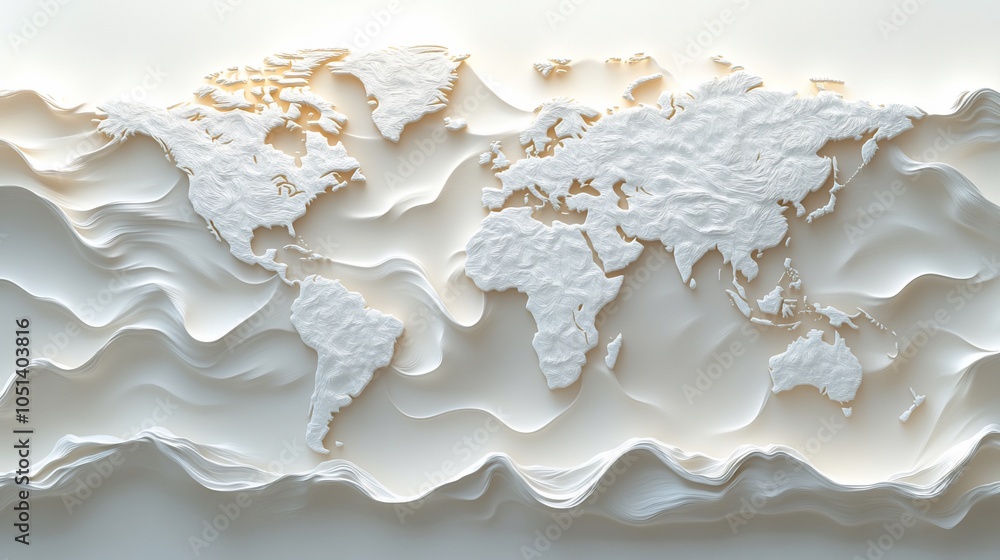 A textured relief map of the world, emphasizing landforms in a minimalist style. A textured relief map of the world, emphasizing landforms in a minimalist style.