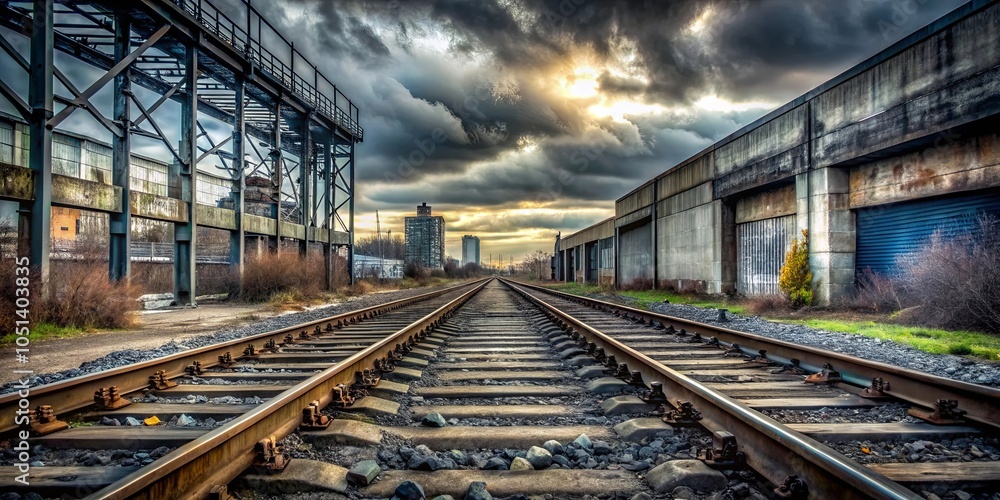 Naklejka premium A Distant Horizon, Framed by the Remnants of Industrial Days, Beckons the Traveler Through a Path of Steel and Gravel