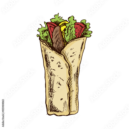 Hand-drawn colored sketch style burrito wrap with vegetables and meat  pieces isolated on white background. Fast food illustration. Vintage drawing. 