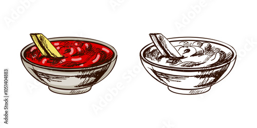 Hand-drawn colored and monochrome sketch of french fries potato with tomato sauce isolated on white background. Fast food illustration. Vintage drawing. 