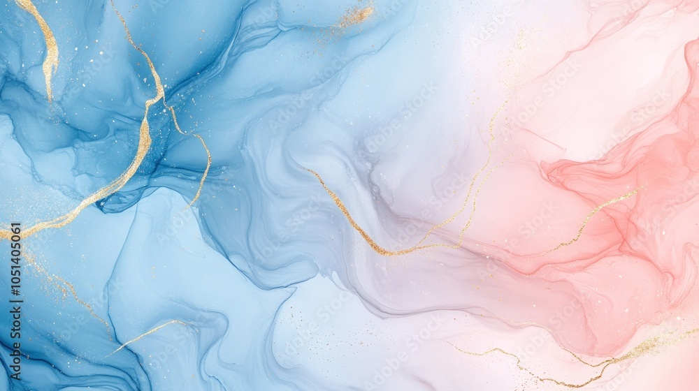 Fototapeta premium Abstract blue and pink watercolor background with gold accents.