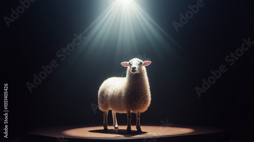 Single white sheep standing in spotlight on stage with dark background. Concept of being different, unique, and standing out