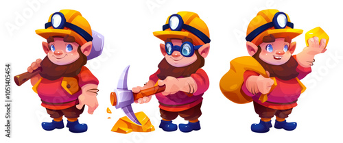 Cartoon gnome miners vector set in three poses - holds pickaxe, mines gold with tool, carries sack and nugget. Characters with cheerful expressions wear yellow helmets, red shirts and brown pants.