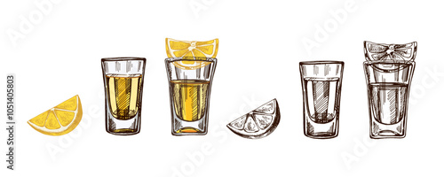 Hand-drawn colored and monochrome shot glasses with tequila with a slices of lime. Design element set for the menu of bars and restaurants, alcohol stores. Vector sketches in engraving style. 