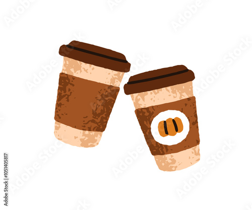 Takeaway coffee cups, two takeout paper cardboard mugs. Pumpkin spiced latte, take-away hot autumn morning drinks. Take-out fall cappuccino. Flat vector illustration isolated on white background