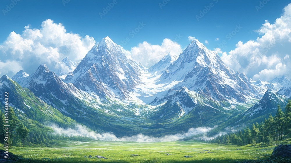 Fototapeta premium Majestic Snow-Capped Mountains with Lush Valley and Fog