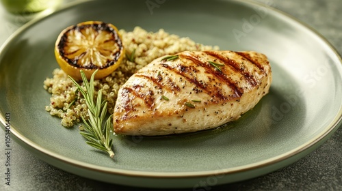 Grilled Chicken Breast with Quinoa on Minimalist Sage Green Plate: Fresh Rosemary and Grilled Lemon, Clean Composition, Sharp Focus, Natural Lighting. Commercial Food Photography.