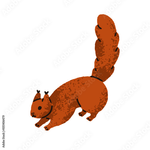 Cute fluffy squirrel with furry bushy tail standing on four paws. Adorable pl...