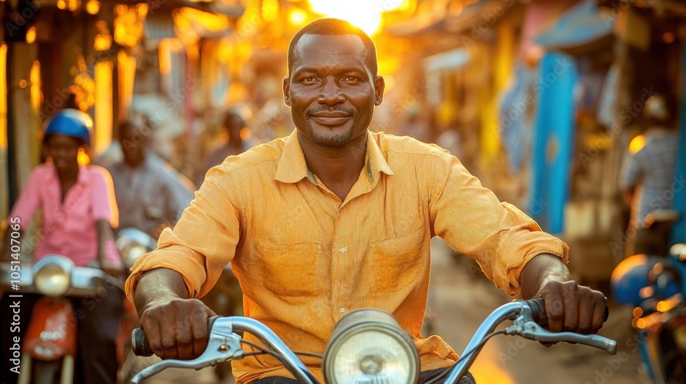 African Man Riding Motorcycle in Busy City Street Golden Hour Light Transportation Africa Travel African Man Riding Motorcycle in Busy City Street Golden Hour Light Transportation Africa Travel
