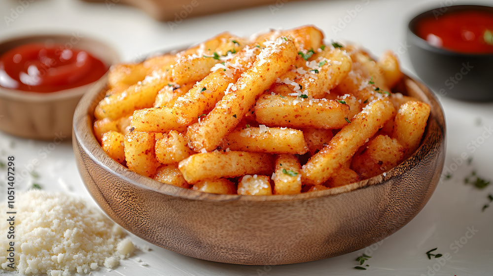 A Wooden Bowl of Polenta Fries Cut into Long Strips and Lightly Seasoned with Herbs
A Wooden Bowl of Polenta Fries Cut into Long Strips and Lightly Seasoned with Herbs