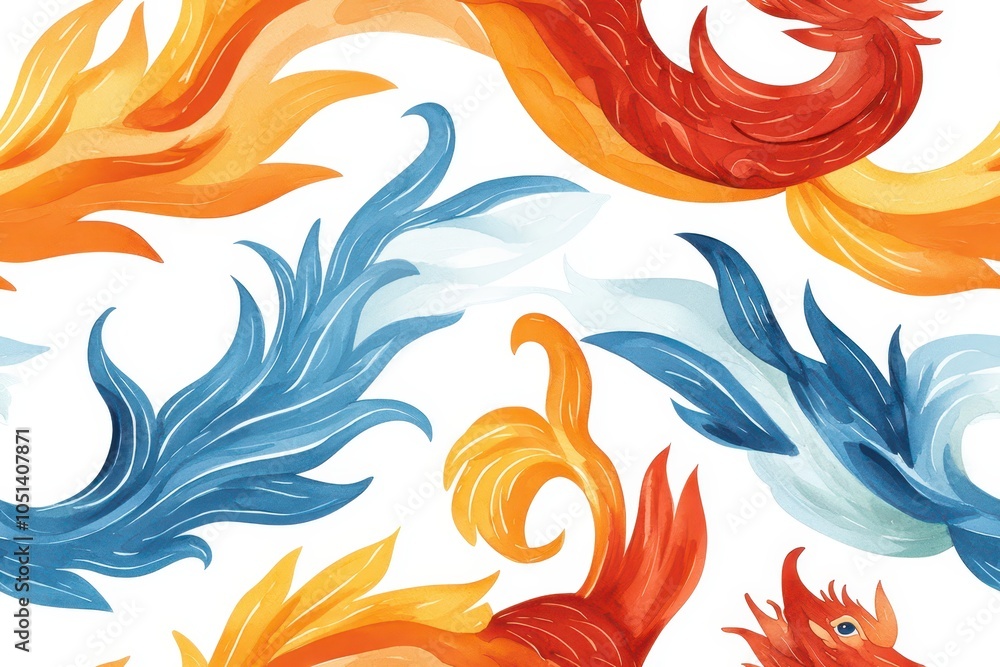 Fototapeta premium Elegant Watercolor Design of Intertwined Chinese Dragon and Phoenix in a Flowing Artistic Tile