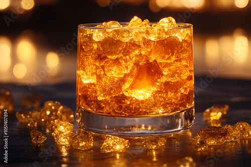 A glass of amber liquid with ice, beautifully lit, creating an inviting atmosphere featuring sparkling details.