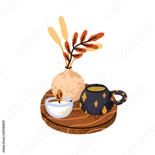 Cozy autumn decor. Fall leaf in vase, hygge candle and warm tea cup on wooden tray. Hot seasonal drink in mug, leaves, home interior decoration. Flat vector illustration isolated on white background