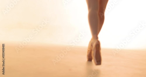 Ballerina dancer puts on pointe shoes in the dance hall preparing for the rehearsal photo