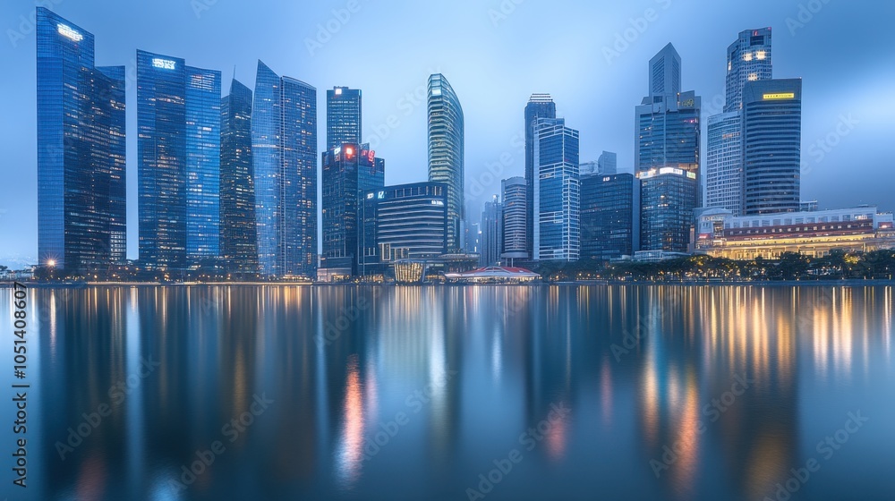 Fototapeta premium Modern Skyscrapers Reflected in Water at Dusk Cityscape Urban Architecture Evening Lights Calm