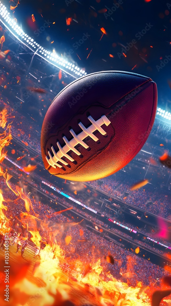 Naklejka premium The ball is speeding of american football with fire effects, View of the american football stadium, which is magnificent and modern